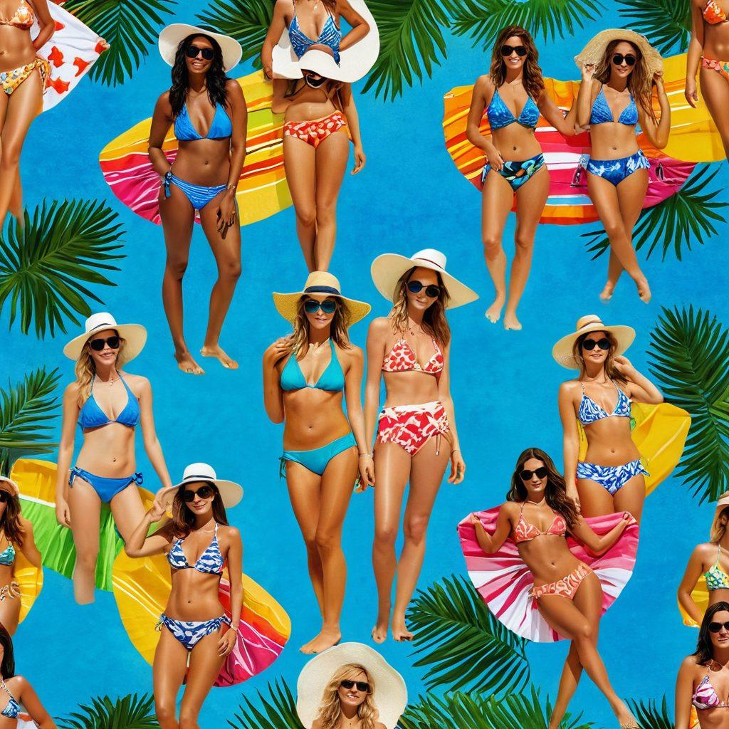 A vibrant summer beach scene featuring models flaunting the hottest bikini styles in a variety of colors and patterns, surrounded by tropical palm trees and crystal-clear water. Include beach accessories like sun hats and sunglasses, with a backdrop of a bright blue sky and colorful beach towels on the sand. Capture a lively and trendy atmosphere, inviting viewers to embrace summer fashion. super-realistic. vibrant colors. sunny background.